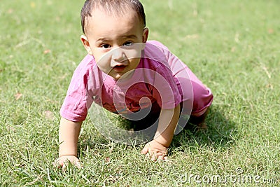 Baby boy â€“crawling in the park. Stock Photo